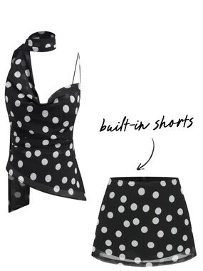 NWT Cider COWL NECK RUCHED POLKA DOT CAMI TOP WITH SCARF & MID RISE MINI SKORT